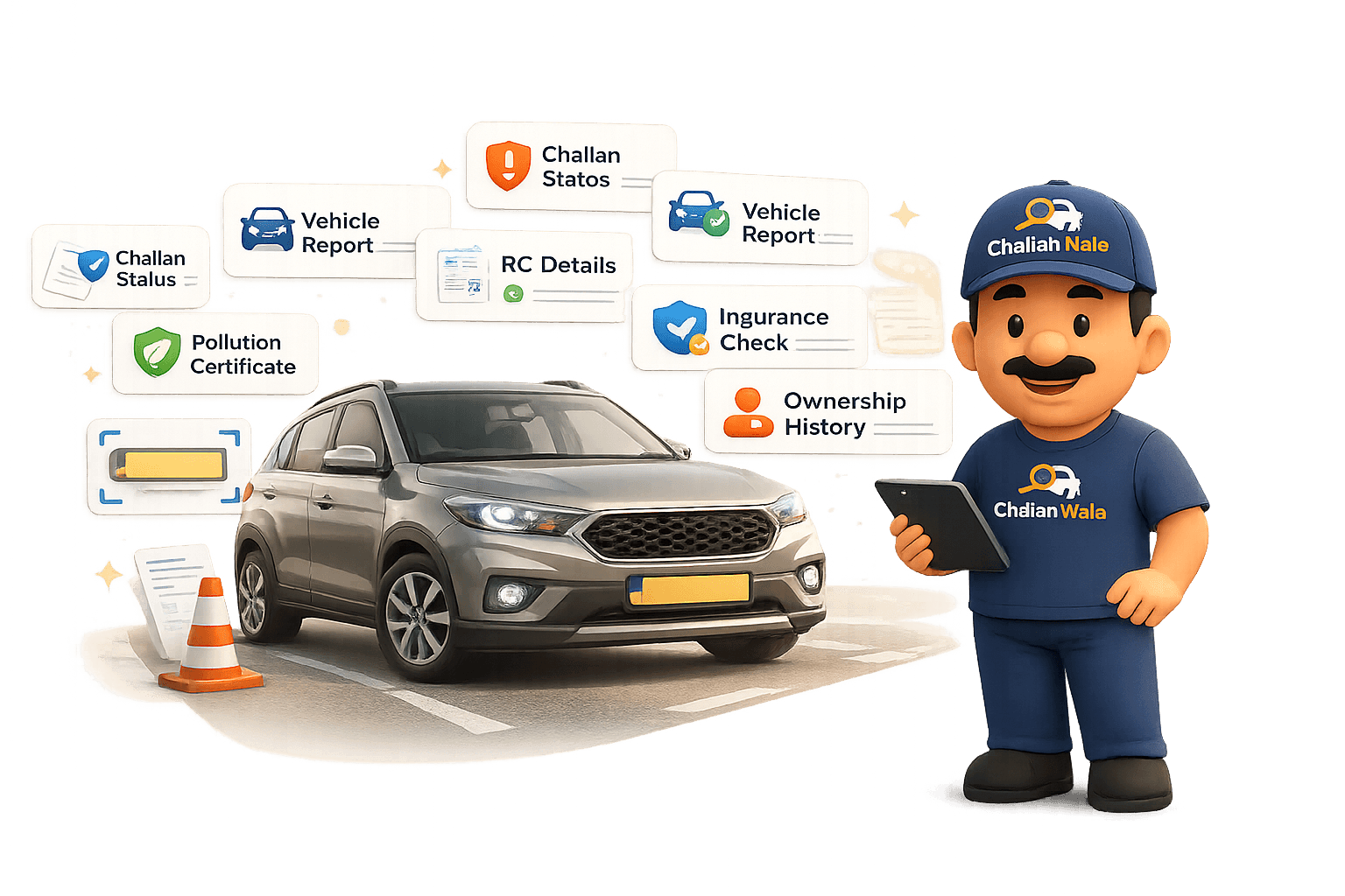 ChallanWala Vehicle Report mascot checking a car